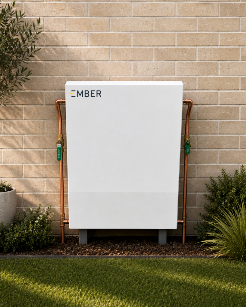 Ember heat pump unit installed outdoors against a brick wall, flanked by copper pipes